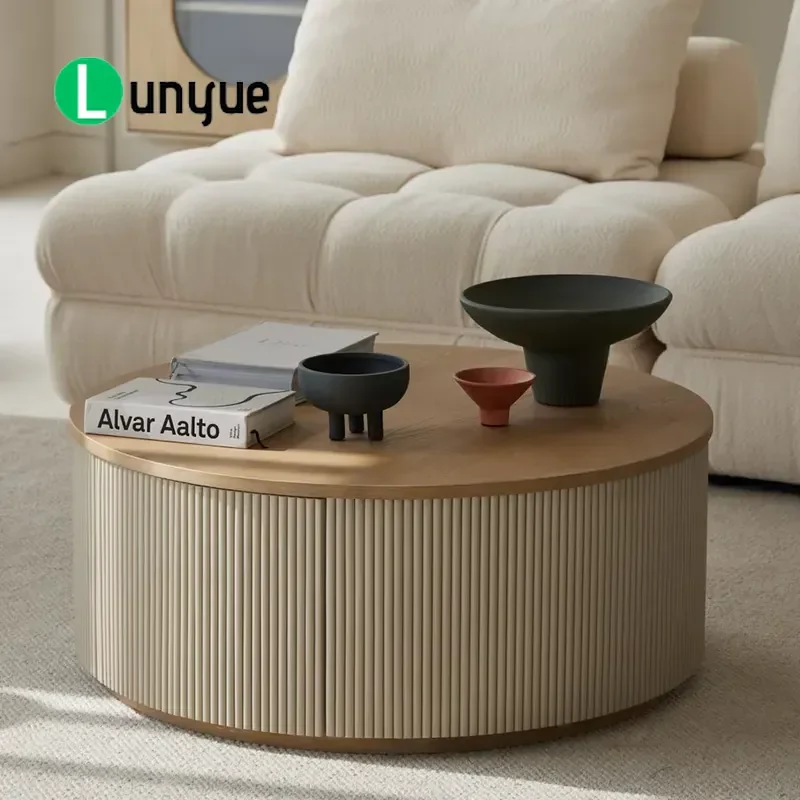 Luxury Vintage Nordic Japandi 2 Drawer Round Oak Wood Coffee Table Modern Multifunctional Storage Side Table for Living Room