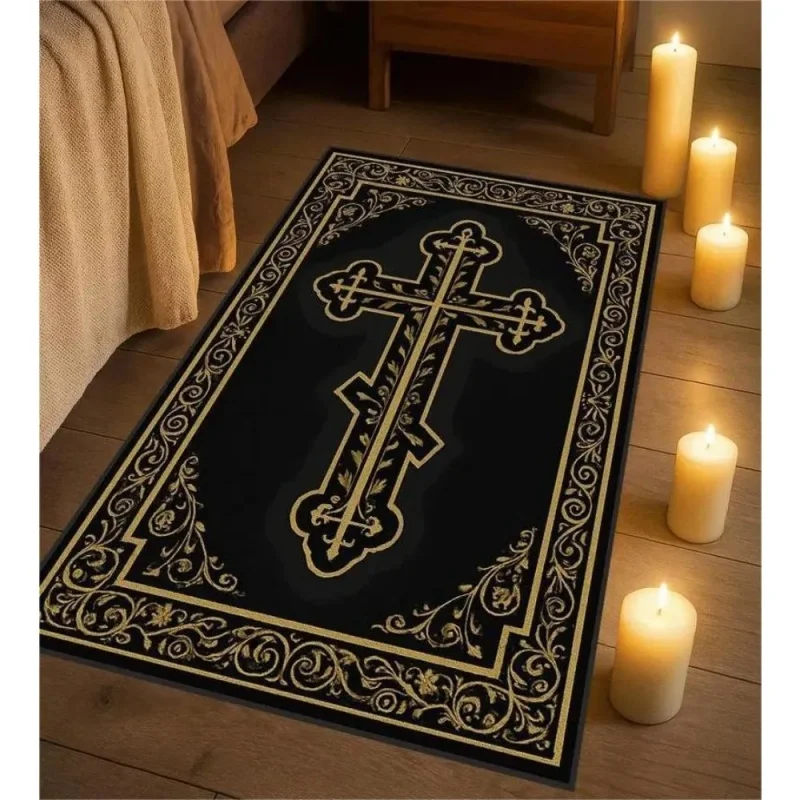 Vintage Orthodox Cross Print Area Rug Non Slip Washable Floor Mat Religious Prayer Entryway Carpet