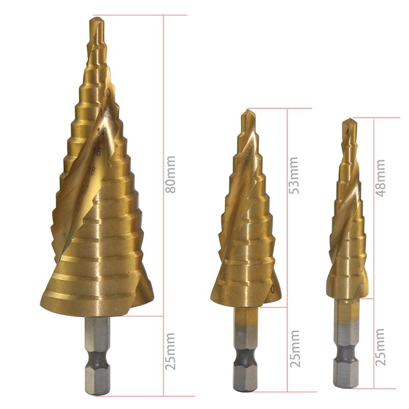 Fixmee  Hex Shank 4-12mm/4-20mm/4-32mm Titanium Coated Taper Point Drill Bits  Spiral Grooved Step Cone Drill Bits Set