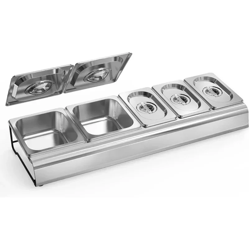 Topping Station Stainless  5 Compartment Trays for Prepping Ingredients and Toppings Steel Seasoning Containers with Lid,
