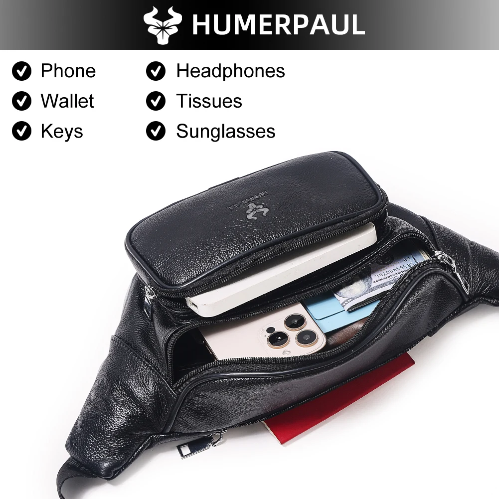HUMERPAUL Cowhide Men's Waist Bag Casual Fanny Pack Chest Bag for Phone and Credit Card Travel Outdoor Adjustable Strap Belt Bag