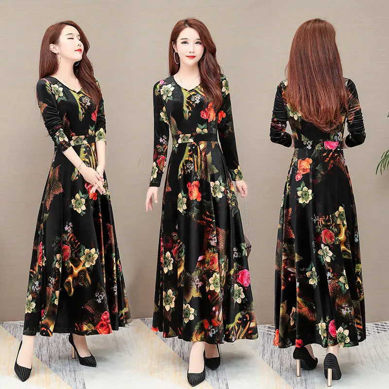 Women's  Pleuche Printed V-neck Long Sleeve Expandable Dress Woman Dress Vestido De Mujer Femme Robe
