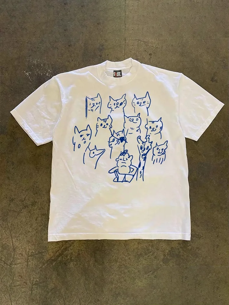 Loose Fit Cotton Short Sleeve T-Shirt Unisex Casual Wear Breathable Sweat Absorbent round Neck Print Design for Couples