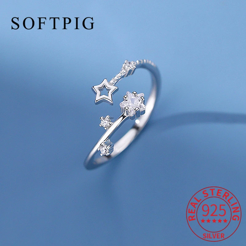 SOFTPIG Real 925 Sterling Silver Zircon Star Adjustable Ring For Women Classic Fine Jewelry Minimalist Accessories