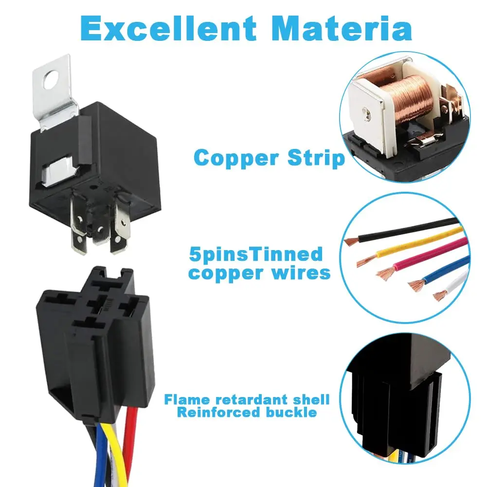2pcs 24V 40A JD2914 Car Relay with Harness 5 Pin SPDT 12AWG Harness Sockets with Color-Labeled Wires