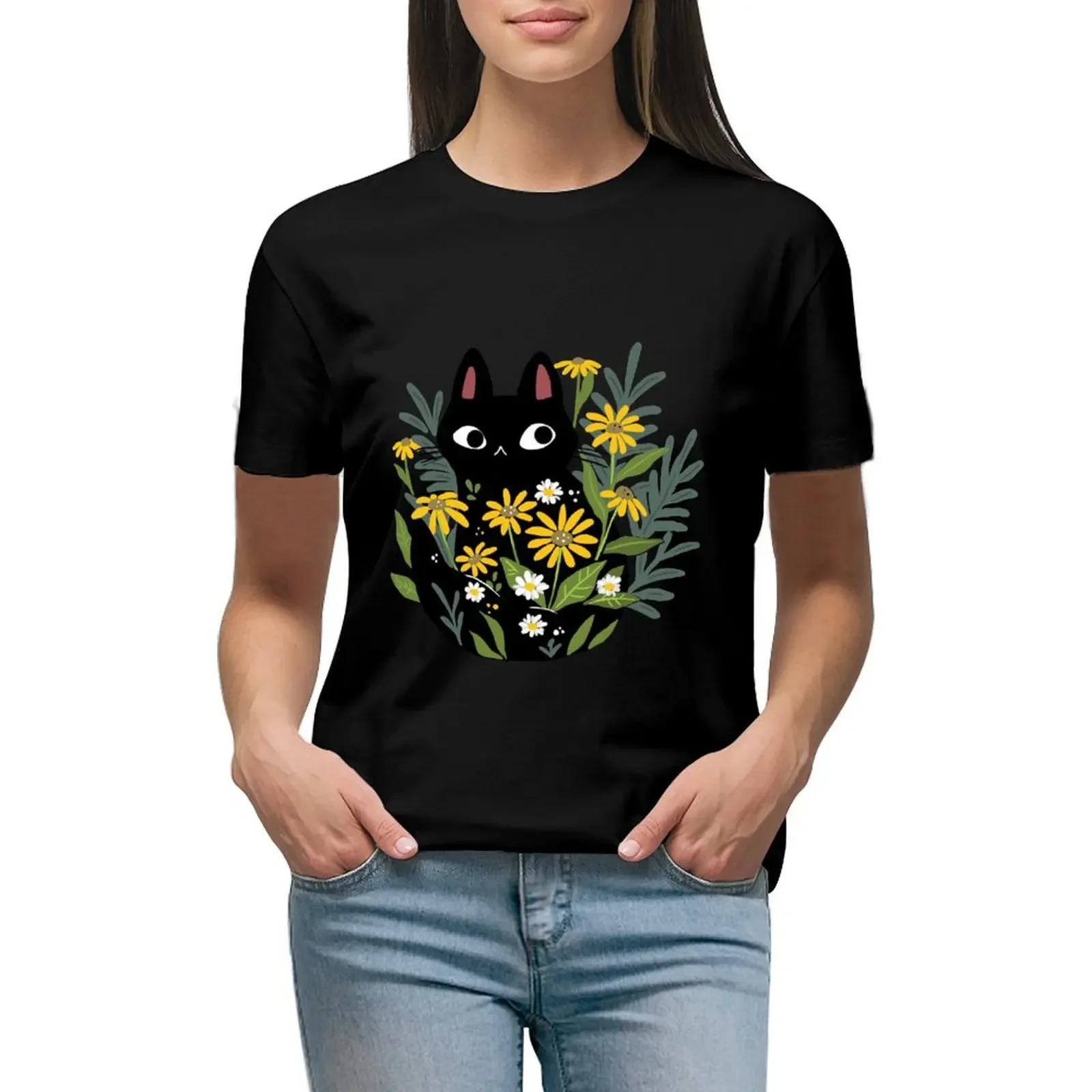 

Black cat with flowers T-Shirt customs design your own heavyweights tops plain t shirts for Women