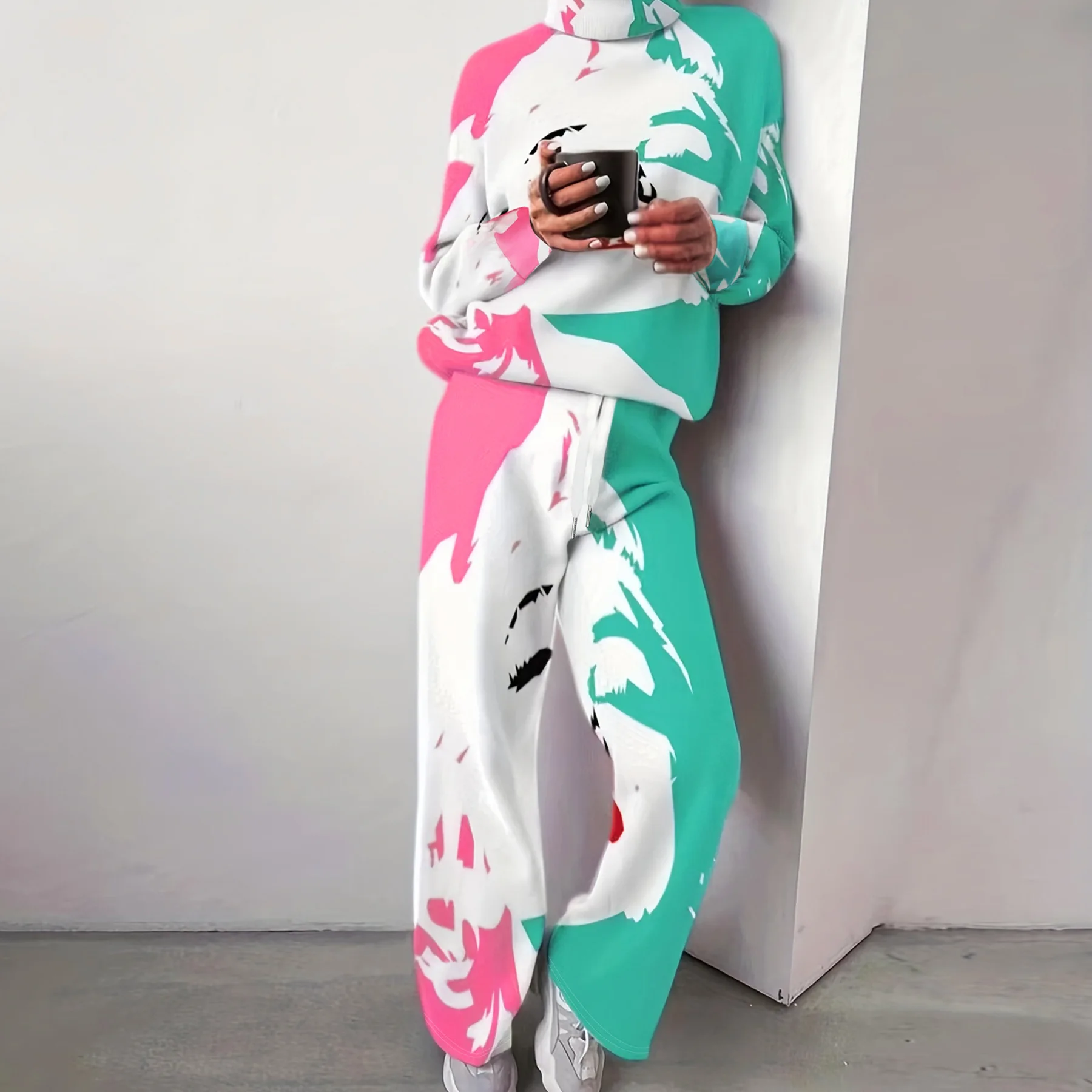 Fall Women's Casual Suit Long Sleeve High Neck Top And Loose Wide Leg Pant Outfits Abstract Print Lady Lazy 2 Piece Set