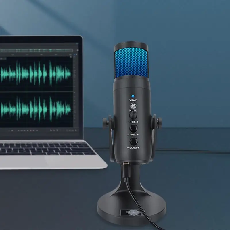 USB Condenser Microphone Mini Computer Cardioid Mic With Visual Volume Lamp And Noise Reduction Control Anti-Vibration Shock