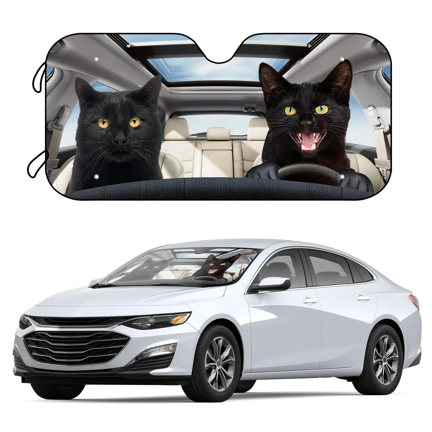 Wholesale Funny Animal Black Cat Driver Car Windshield Sunshade Foldable Car Window Sunshade Block UV Strap 4 Free Suction Cups