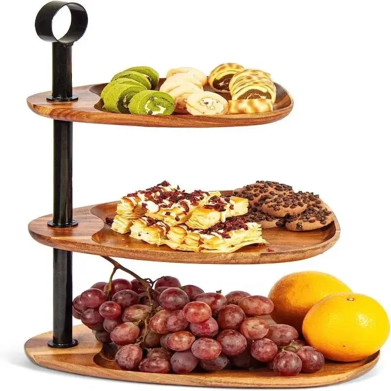 3 Tier Solid Wood Tray with Metal Handle Flat Panel Serving Platter for Cheese Vegetable Breakfast Party Home Decoration