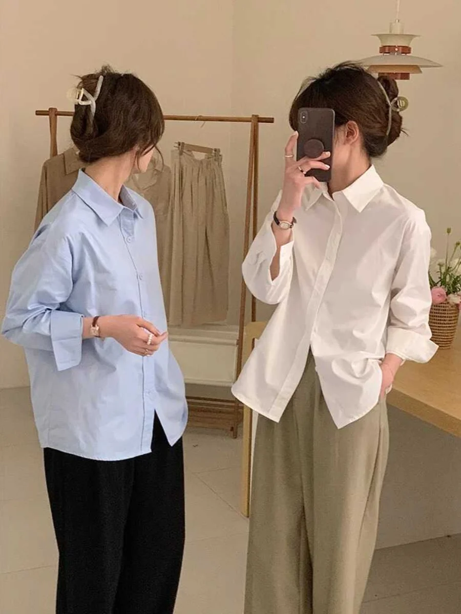 

Spring Autumn Blue Collar Long Sleeve Women's Shirt Korean Style Casual Versatile Outerwear Commute Fashion Straight Cut
