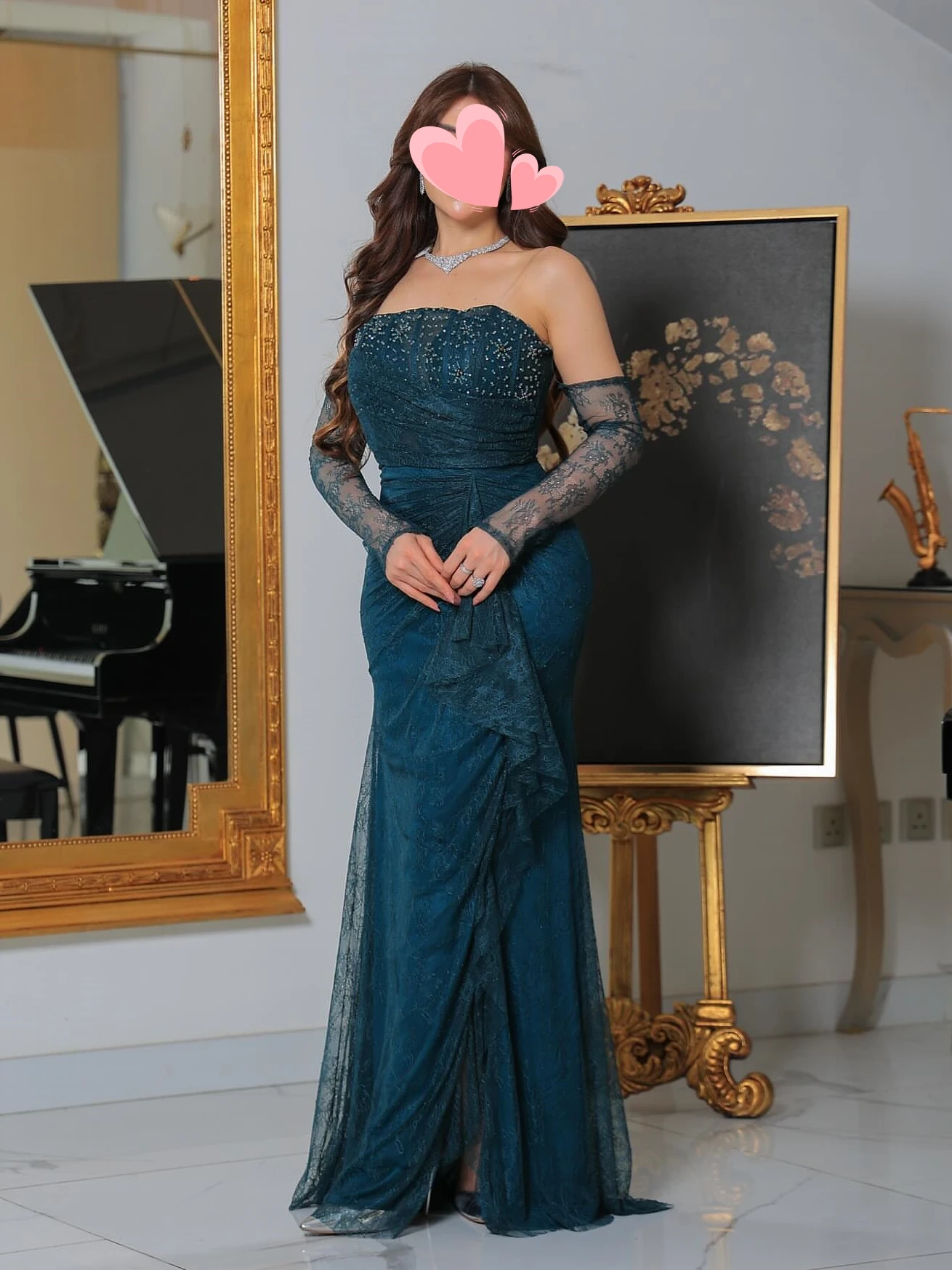 

Oisslec Prom Dress Elegant Vintage Sweet Sexy Blue Lace Beads Sleeves Customized Formal Occasion Prom Dress Evening Party Gowns