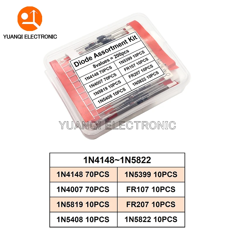 100-200PCS Rectifier Diode Schottky Diode Kit 1N4001 1N4004 1N5404 1N4007 1N4148 1N5408 1N5819 1N5822 FR107 FR207 Fast Switching
