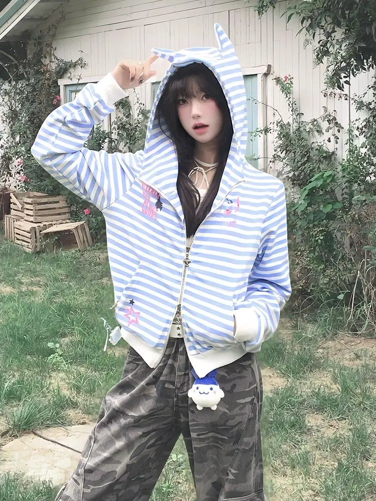 

Американская куртка на молнии с капюшоном, женское полосатое пальто с длинными рукавами и принтом 2000-х годов, японские готические толстовки в стиле Харадзюку, верхняя одежда, топ