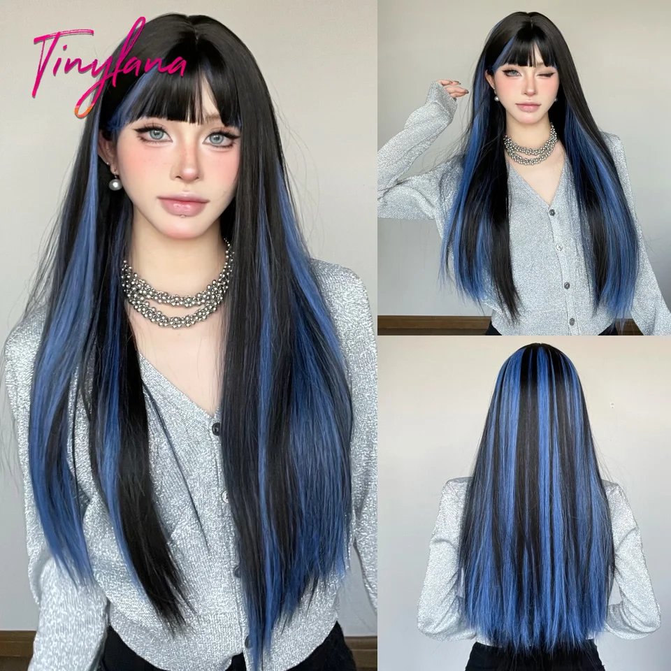 Long Straight Black Mixed Blue Synthetic Wigs with Bangs for  display picture 1
