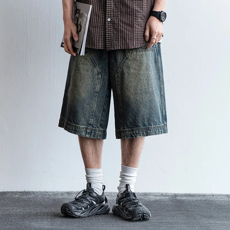 

Тяжелые потертые джинсовые шорты для мужчин, американский уличный бренд, потертый нишевый дизайн в стиле ретро, прямые повседневные капри с широкими штанинами