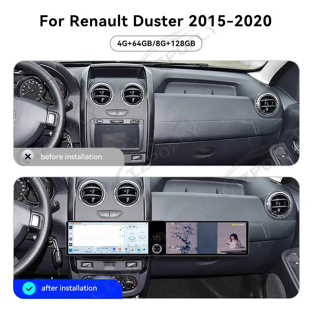

Двойная 12,3-дюймовая автомобильная магнитола для Renault Duster 2015–2020, беспроводной Carplay и Android Auto с GPS-навигацией и сенсорным экраном