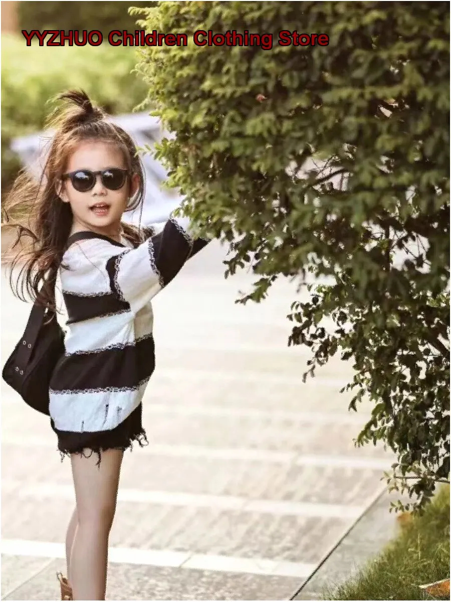 Girls Ripped Striped Knit Top Black and White Stylish Spring Collection