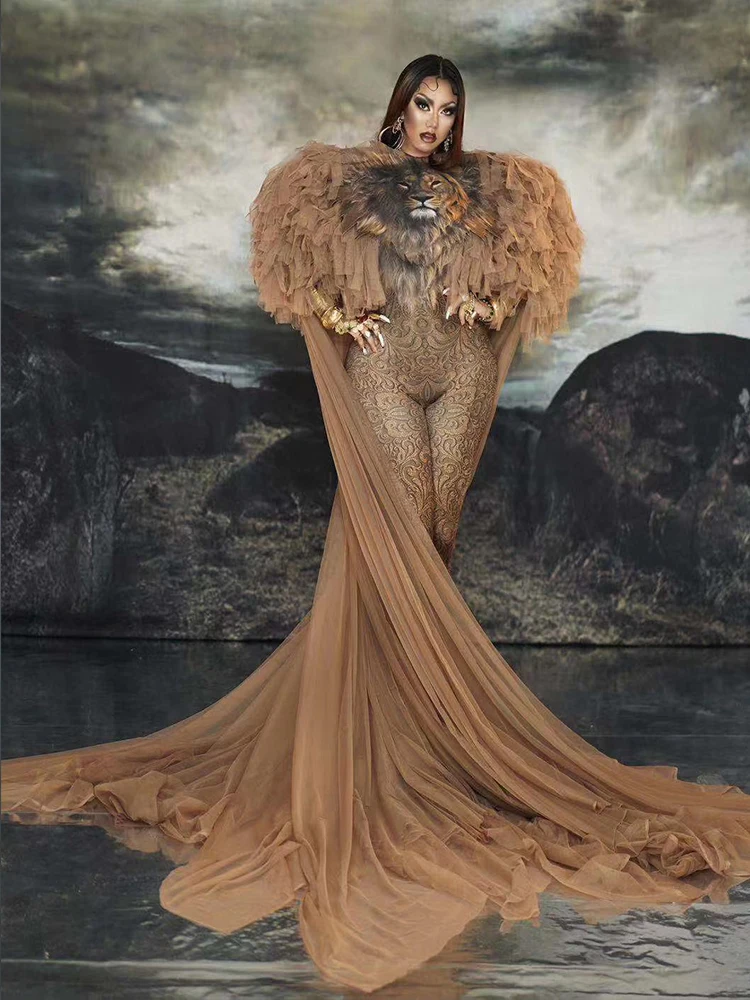 Dos capas largas, monos elásticos para mujer y yo, estampado de cantante, danza del león, club nocturno, Drag Queen, trajes de actuación, trajes de escenario