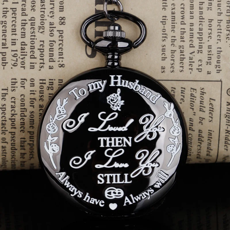 أسود "إلى زوجي" توقيت ساعة الجيب قلادة قلادة خمر Steampunk فوب ساعة للرجال Reloj De Bolsillo