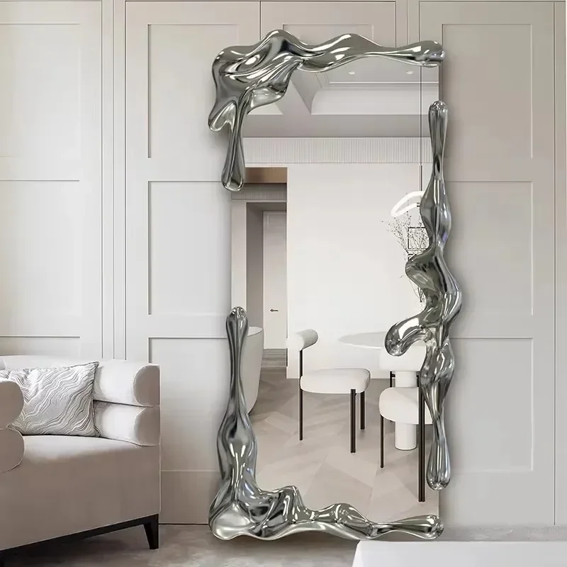 Modern high-definition high-end light luxury floor mirror, water ripple villa decoration, elegant dressing mirror-high quality