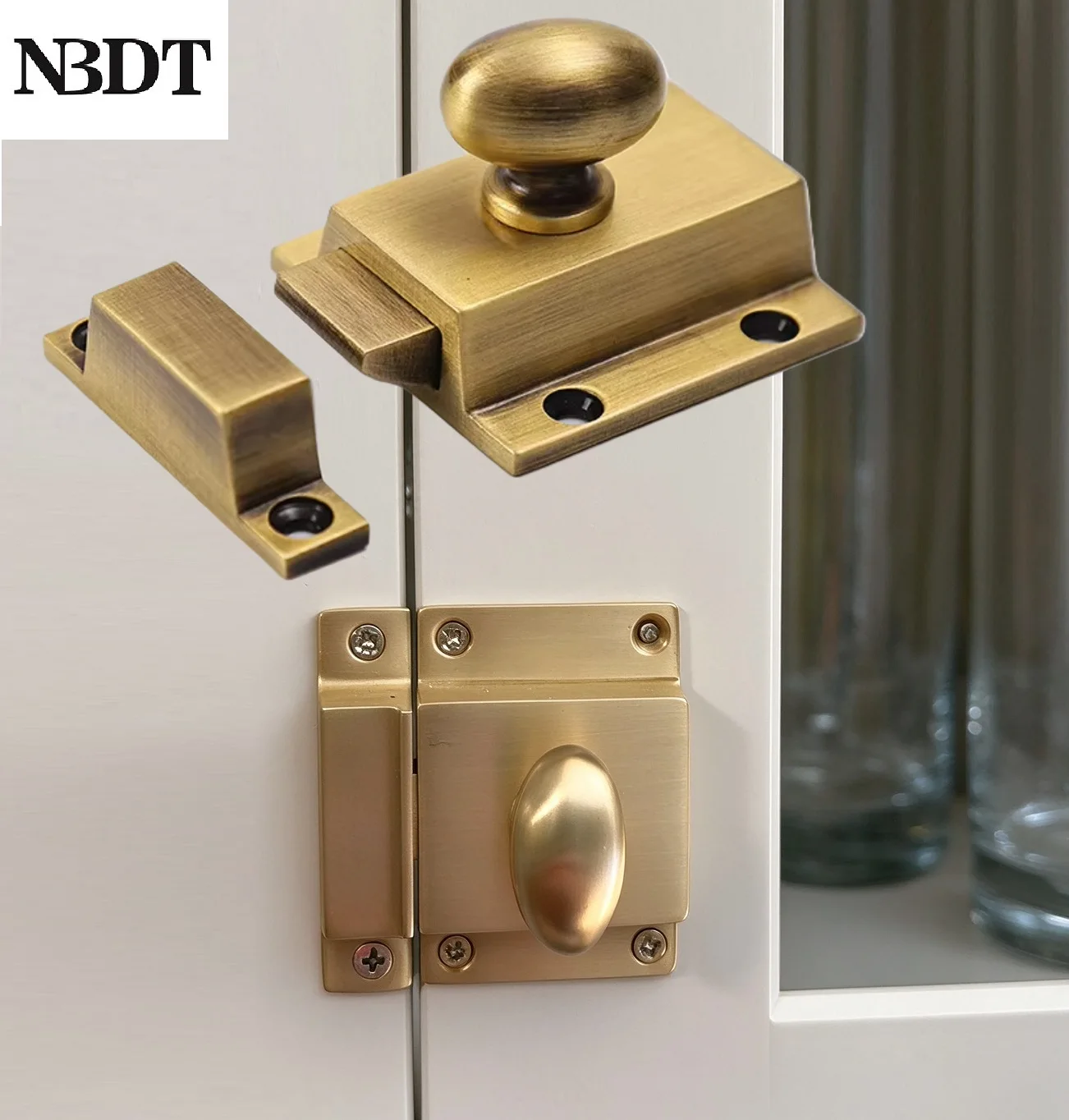 1Pc Brass Traditional Cabinet Latch Lock With Oval Knob Face Mount