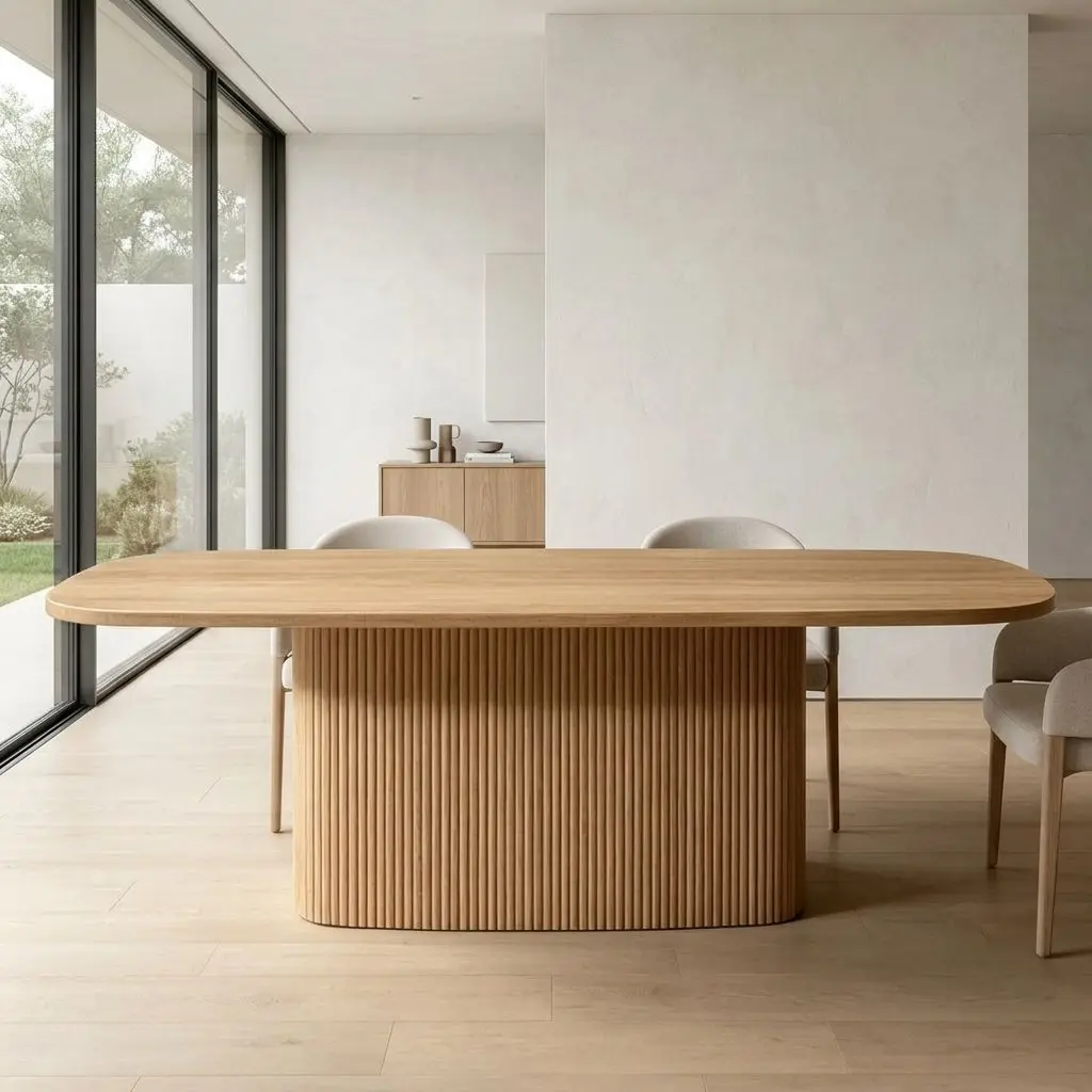 ae-Luxury Mid-Century Solid Ash Wood Dining Table - 5cm Thick Square Work Desk with Fluted Base for Home, Office & Hotel Project