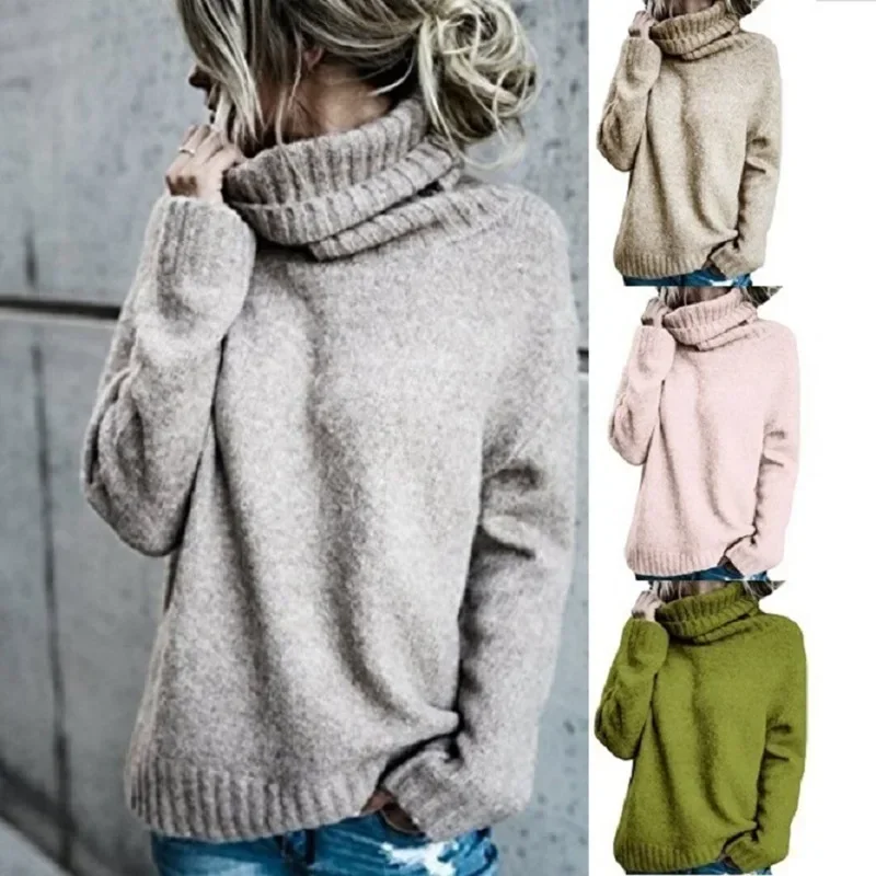 2023 Otoño e Invierno suéter de mujer Casual de punto Top de manga larga cuello redondo alto suéter de Color sólido ropa de mujer