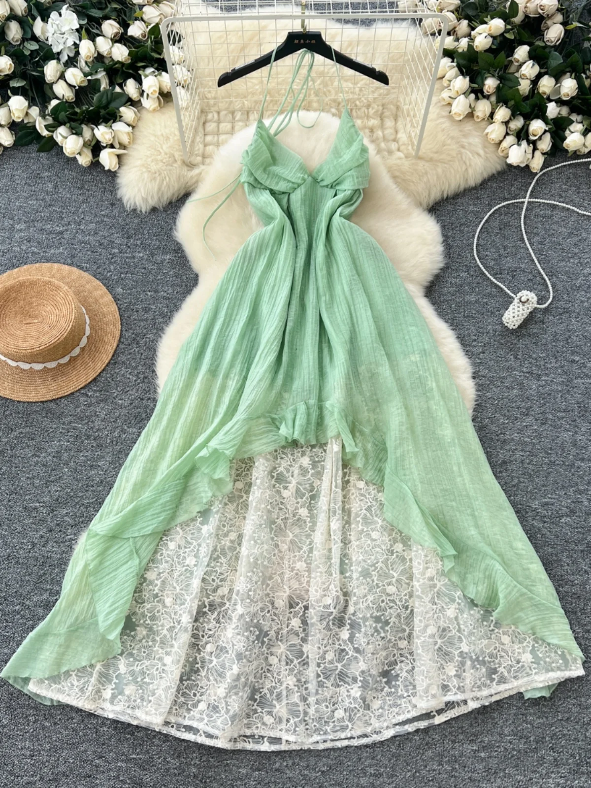 Vaion Feel Vestido de mujer Aósfera de hadas Cintura alta Empalme de encaje Vestido largo asimétrico Estilo coreano Viaj...