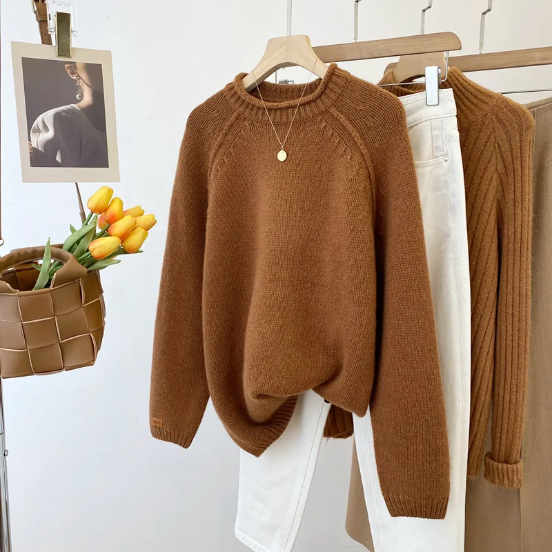 

Autumn/winter Wool Thick-knit Sweaters Women Korean High-quality Double Yarn Thickened Raglan Sleeves Rolled Tops Pullovers Knit