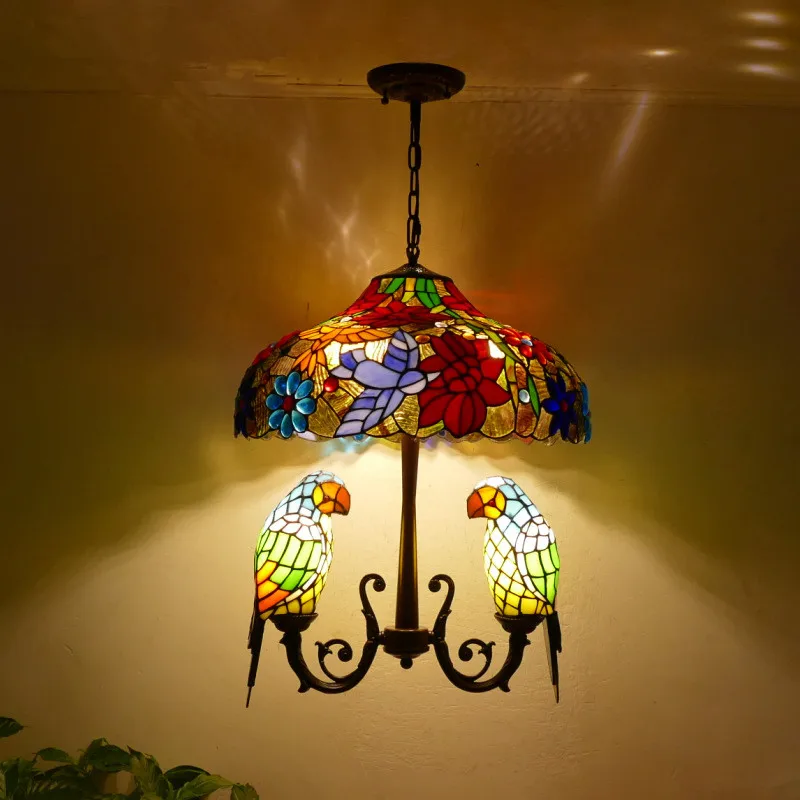 

OUFULA Tiffany Parrot Chandelier Vintage Creative Color Glass Living Room restaurant Bedroom Hotel Corridor Pendant Lamp