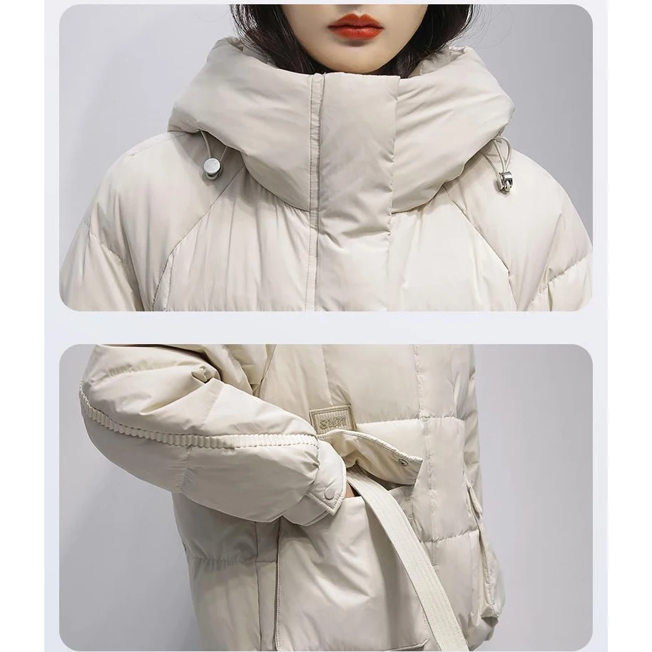 Women Light Gray Hooded Puffer Jacket Short Loose Big Pocket Strap Decor 2027 Warm Winter Down Cotton Parka Outerwear Coat
