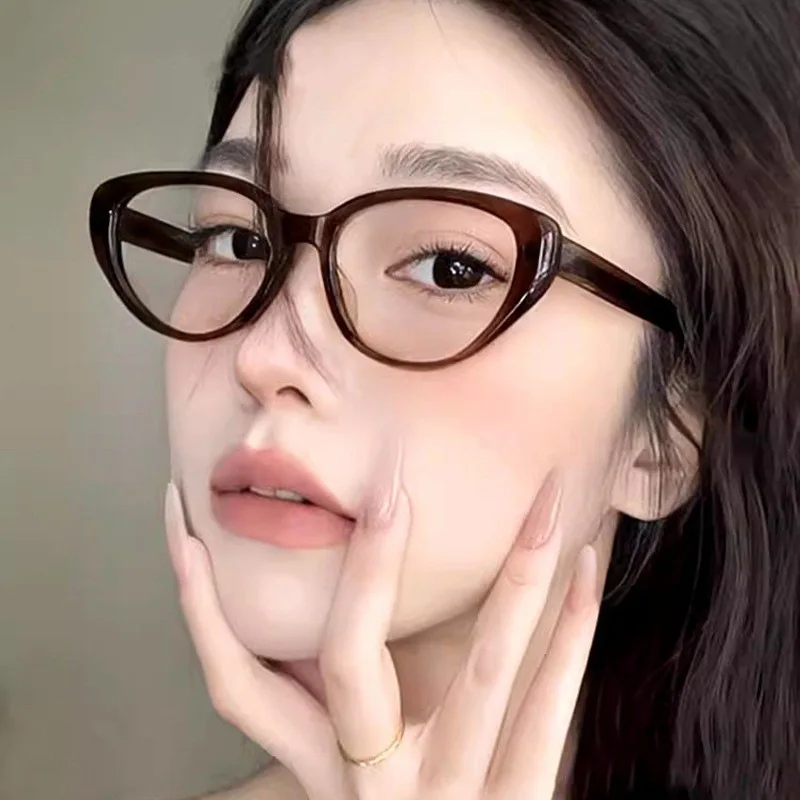 

Осенние коричневые очки «кошачий глаз», женские очки с круглым лицом для похудения, блокирующие синий свет, без рецепта, высокое качество, винтажные шикарные очки