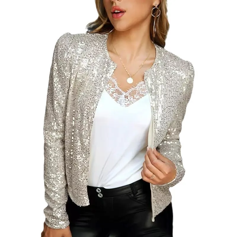 Coat Women 2026 Casual Spring New Fashion stand-up Collar color-blocked Sequined Short Casual Versatile Small Jacket Clothing