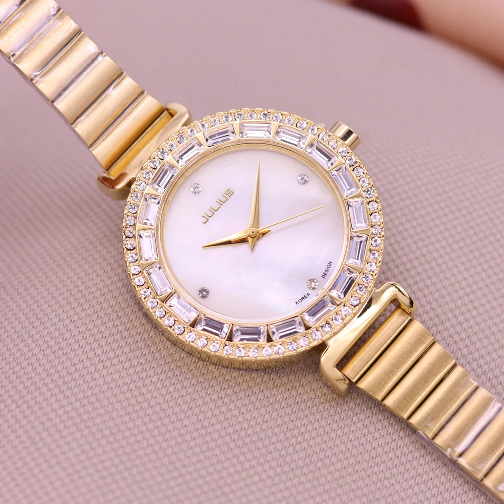 Mother-of-pearl Rhinestones Women's Watch Japan Quartz Hours Simple Fine Fashion Dress Steel Bracelet Girl Gift Julius Box