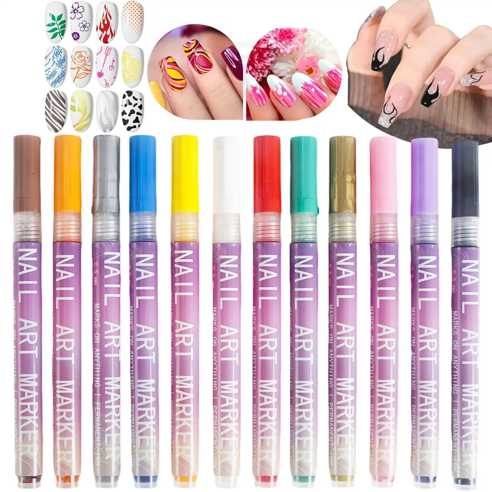 12 لون مسمار الفنون أقلام 0.5 مللي متر أقلام طلاء الأظافر رسم اللوحة نقطة بطانة الاكريليك رسمت مجموعة أقلام مقاوم للماء والتجفيف السريع
