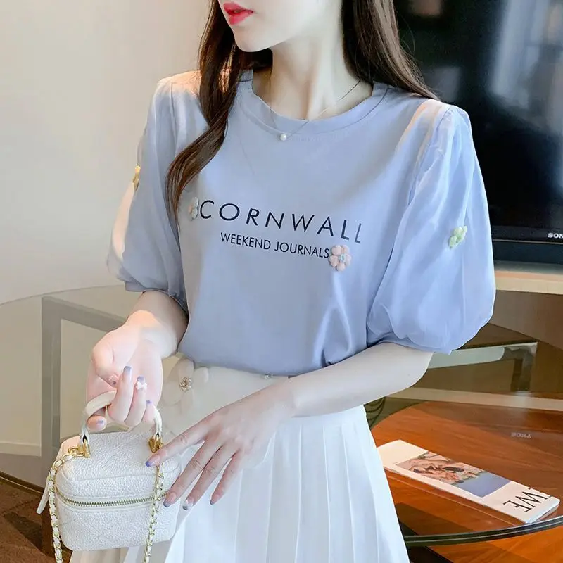 2033 New Summer Fashion Simple Round Neck Letter Print Loose Casual 3D Flower Ladies Sweet Lantern Sleeves Off Shoulder T-shirt