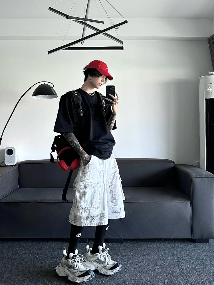 

Свободные прямые брюки с манжетами и множеством карманов, летние повседневные брюки с эффектом потертости для подростков