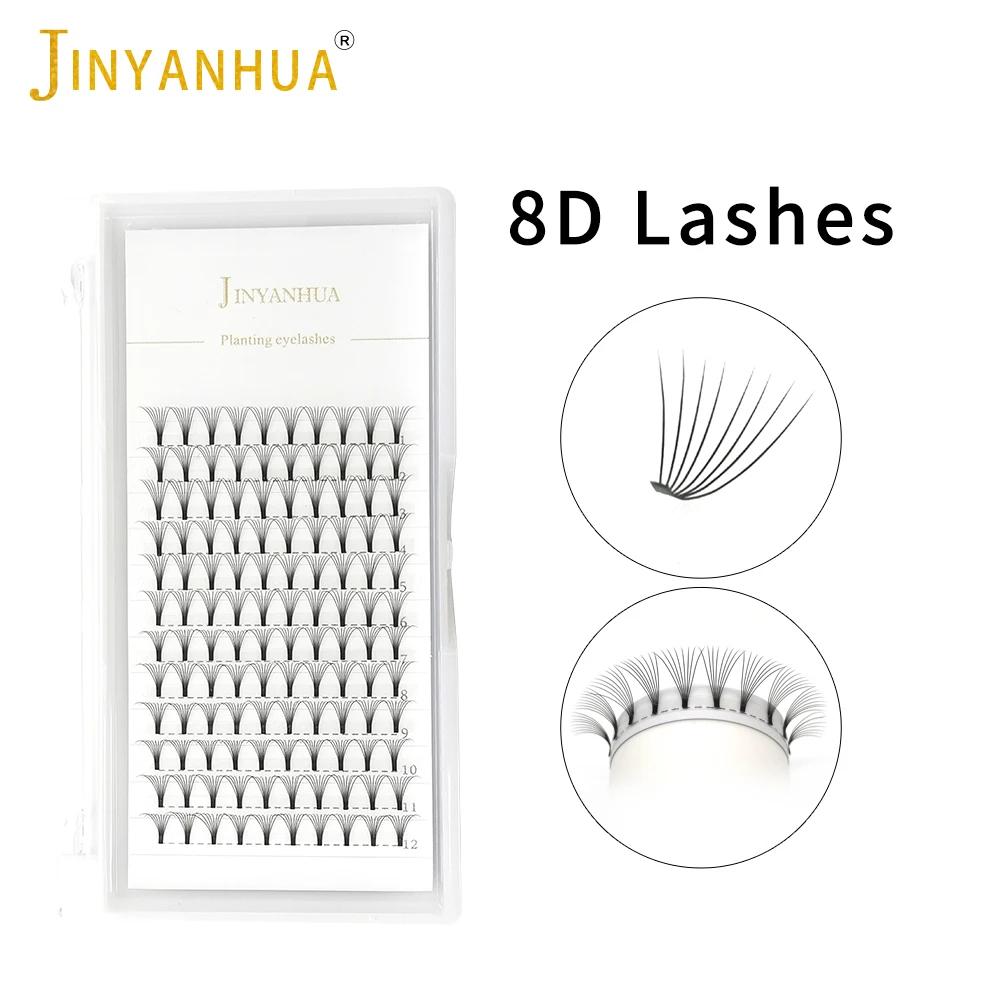 JINYANHUA 8D Fans przedłużanie rzęs 0.07 krótki trzonek Premade Volume rzęsy do przedłużania 8-15mm C D Curl mała podstawa rosyjskie wentylatory Lash