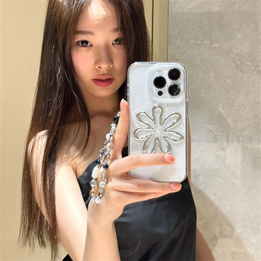 Bonita funda de teléfono transparente de girasol 3D plateada con correa de cuentas para iPhone 16 15 13 14 12 11 Pro Max, funda trasera de silicona suave con pegamento por goteo