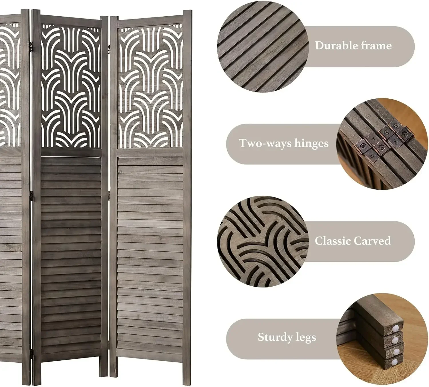 Folding Room Divider, 66.9 Inch 4 Panels Wood Carved Privacy Screens, Free Assembled Freestanding Portable Separation Wall for H