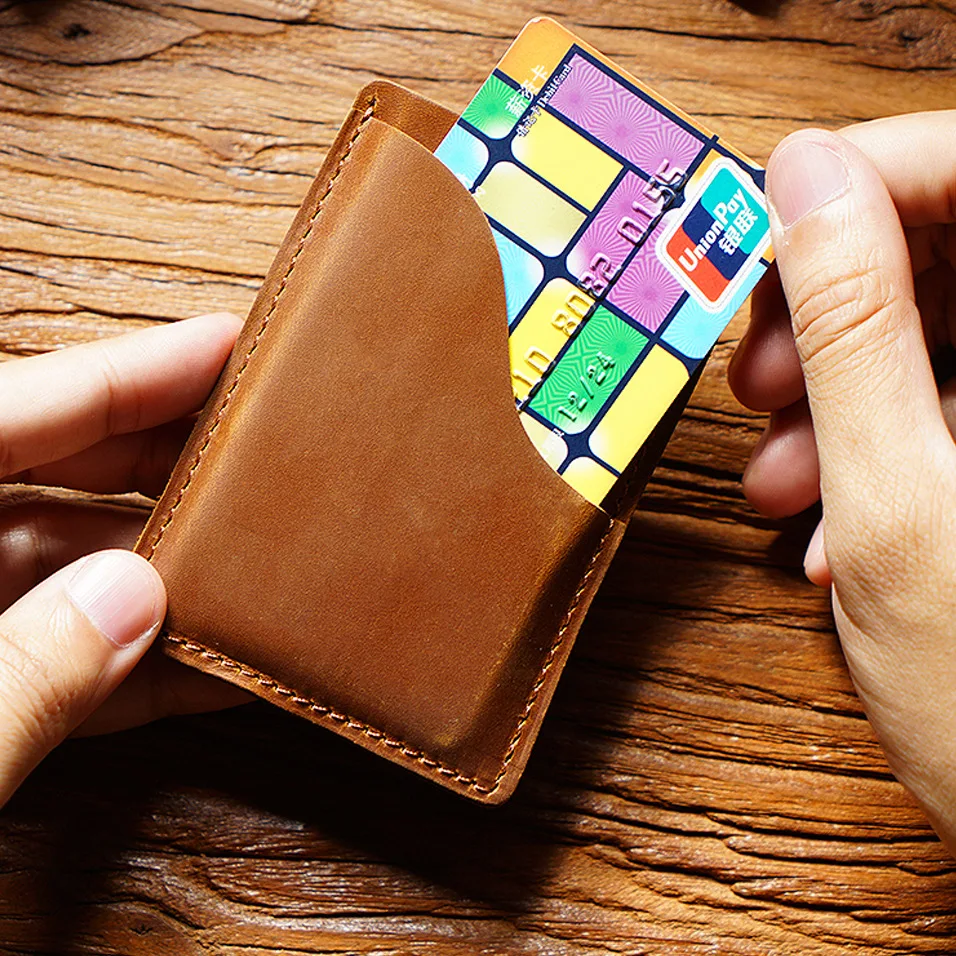 Top-Grain Leather Card Holder - Vintage Crazy Horse Leather Multi-Functional Wallet, Minimalist Coin & Bank Card Organizer Case