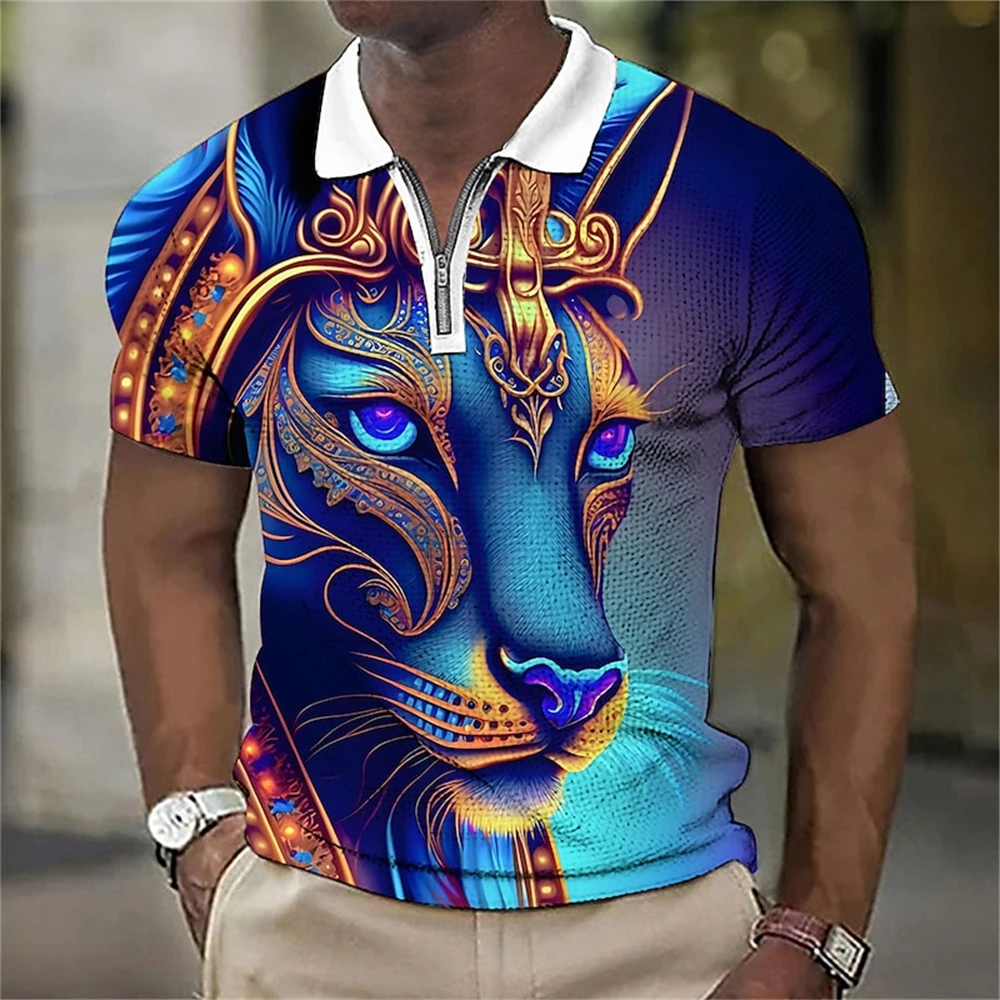 Buntes Tier polos hirt für Männer Sommer golf Kurzarm Top wilde Tier druck Reiß verschluss Polo T-Shirt Street Trend Männer Kleidung