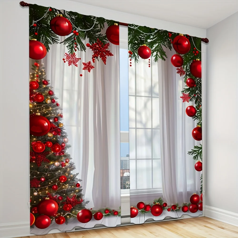 2-Pc Polyester Christmas Curtains with 3D Floral & Ball Digital Print - Rod Pocket Window Drapes for Living Room & Bedroom