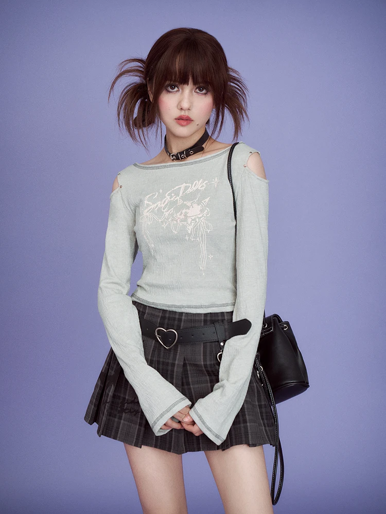 

SagiDolls Girl's Fighter Design ort Sve Long T-irt oulder Hollow Sweet And Spicy Versatile Slimming Cool Top