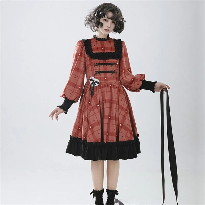 Vestido estampado a cuadros para mujer, manga larga, borde con volantes, color negro, rojo baya, Lolita OP, primavera y otoño