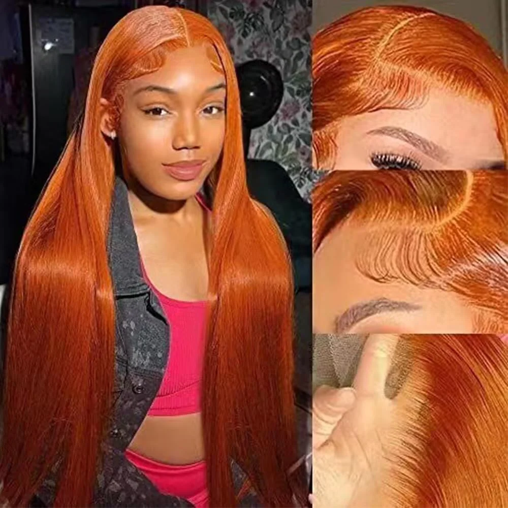 

Ginger Orange Straight Lace Front Wig Pre Plucked 13x4 350 Colored Lace Frontal Wig Bone Straight Human Hair Wigs 30 Inches