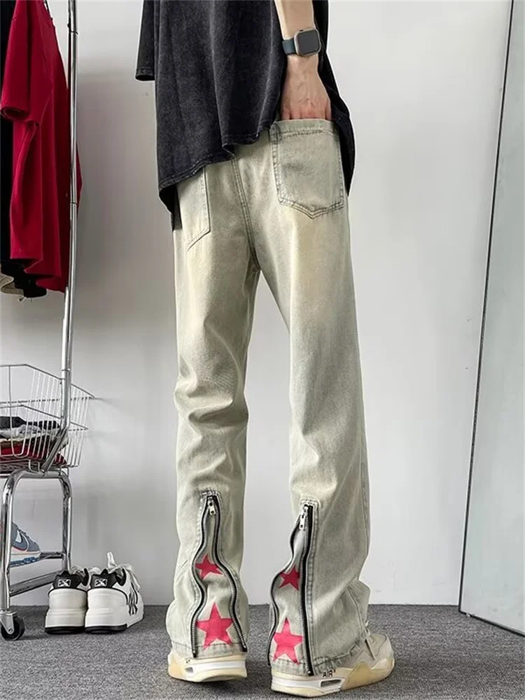 

American Vibe Loose Fit Straight Leg Jeans Men's Retro Yellow Clay Dyeing Zip Cuffed Slimming Trousers Casual Long Pants