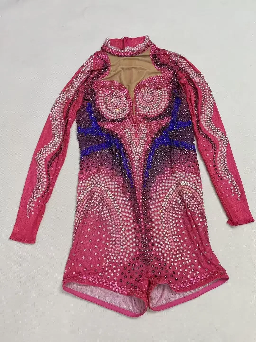 

Rhinestones Special Stage Performance Pink Leotard Dance Team Party Celebrate Show Wear Transparent Bodysuit