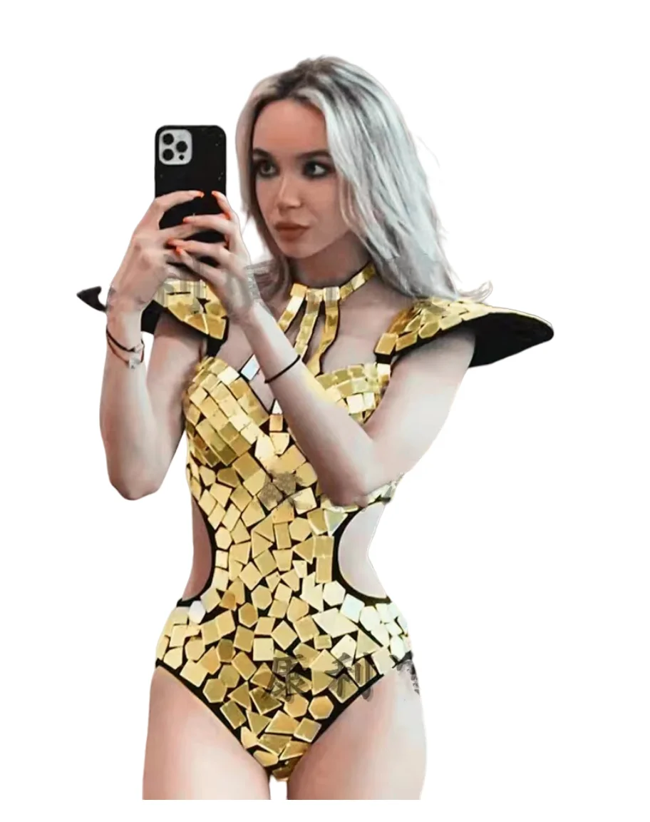 Mirror Bodysuit Women Dance Costume GoloSilver Sequins Fly Shoulder Hollow Out RaveOutfit Stage Performance Clothes Gogo Show